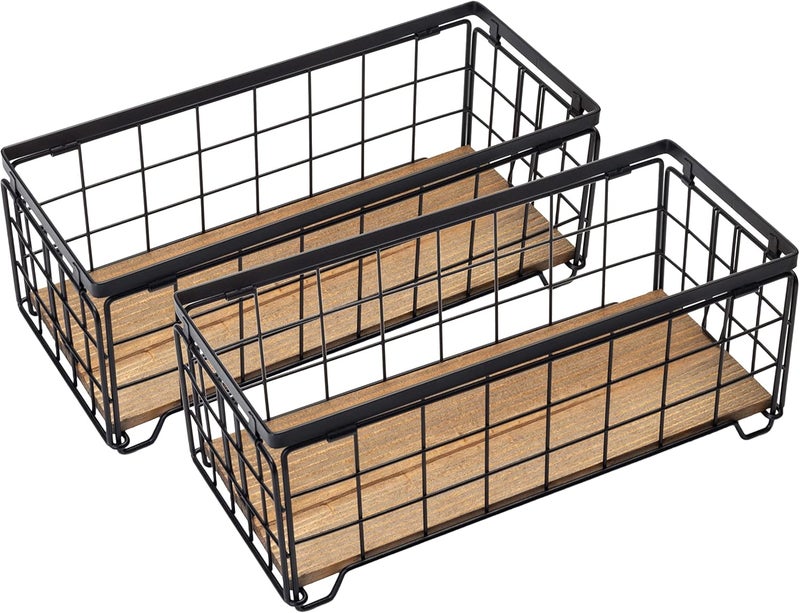 TIEYIPIN Metal Wire Storage Basket, Toilet Paper Roll Holder Wood Base Countertop Decor Box Toilet Tank Shelf Cabinet Organizer for Bathroom Pantry Garage Bedroom Livingroom (Black (2 Pack)) - Image 1